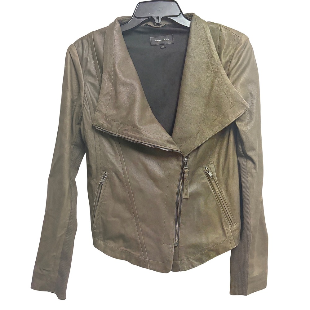 Mackage Cleo Lambskin Leather Moto Jacket Olive Green Asymmetrical Biker S